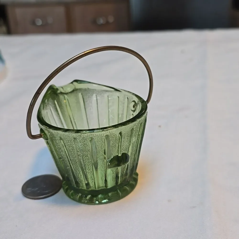 Vintage Hazel Atlas Little Coal Bucket Ashtray With Handle Green Glass 2